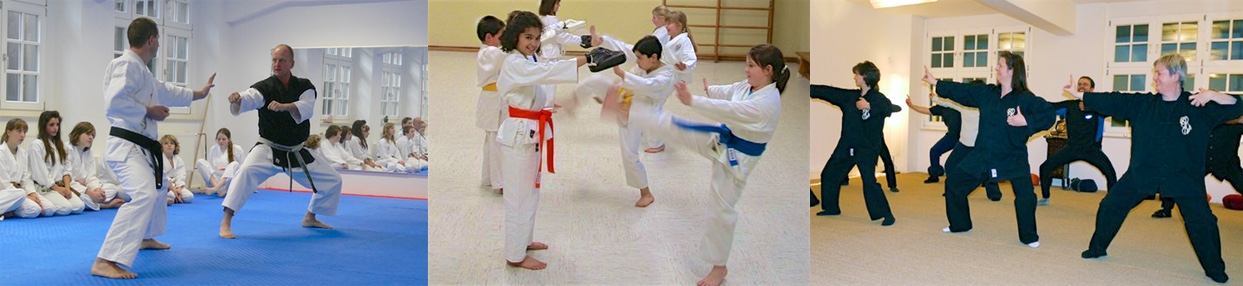 Drei Scenen aus dem Dōjō mit Karate und Tai Chi Chuan Kampfkünstlern vom Kindesalter bis hin zu Senioren.