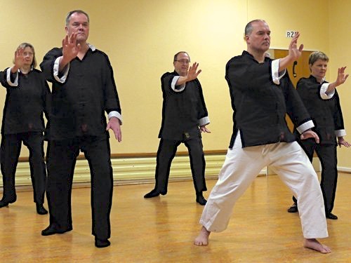 Eine Gruppe Erwachsener praktiziert Tai Chi Chuan in Dōjō